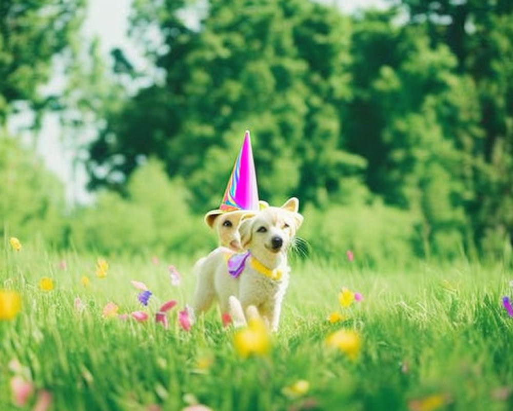 Cheerful dog in purple party hat running through sunny field