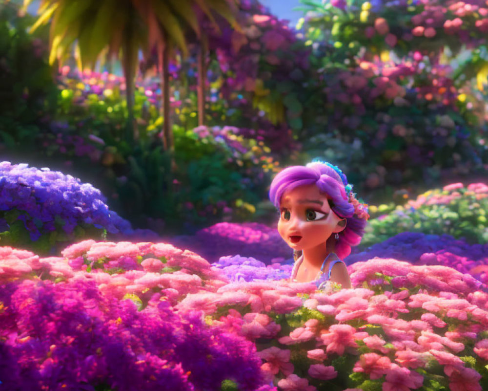 Vibrant flower garden scene with young girl and purple hair