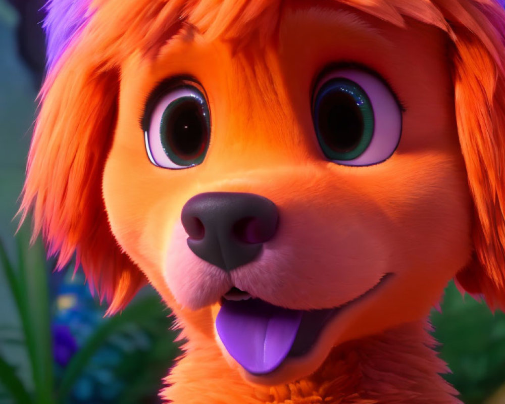 Smiling animated orange dog with big green eyes and purple-tipped ears