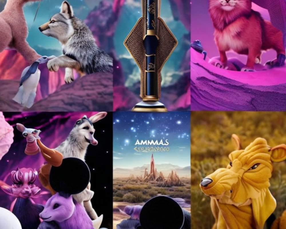 Stylized animal collage with dog, fox, cat, and animated characters