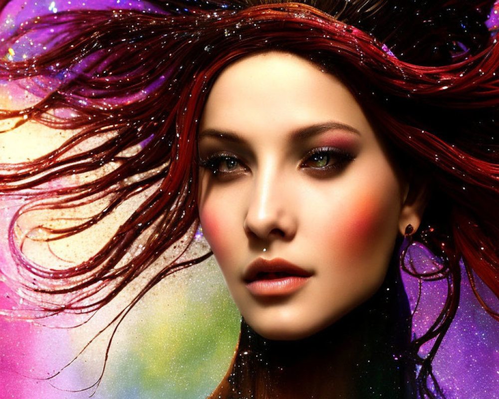 Vibrant image of woman with red hair on cosmic backdrop