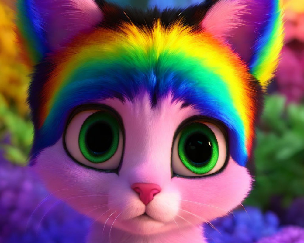 Colorful animated cat with large green eyes and rainbow fur in front of blurred floral background