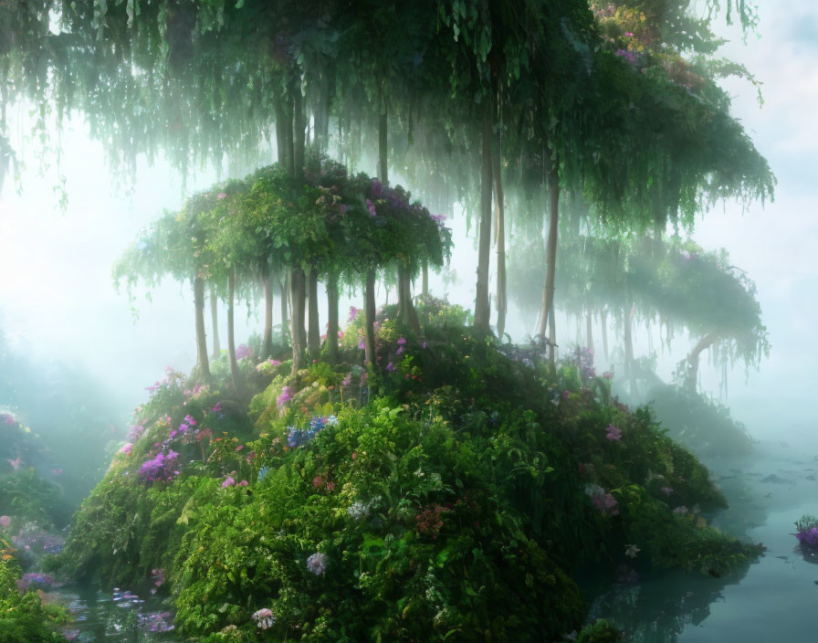 Lush greenery, vibrant flowers, hanging moss, and fog in mystical forest