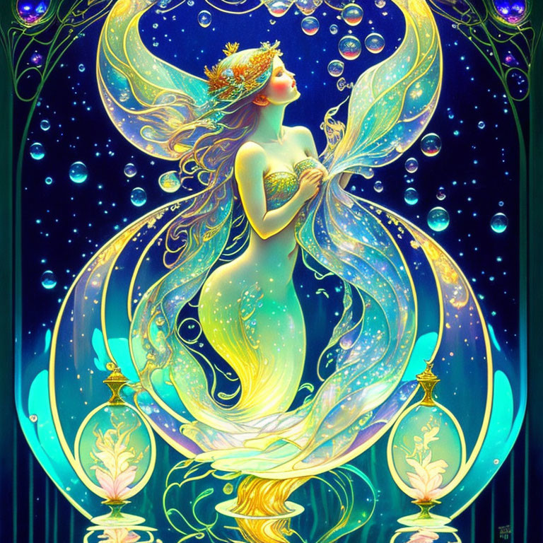 Ethereal woman with flowing hair and crown in luminous bubble-filled scene