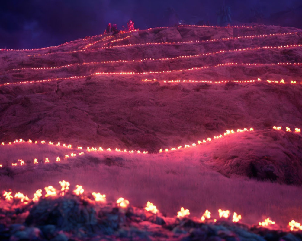 Twilight hillside with red illuminated trails