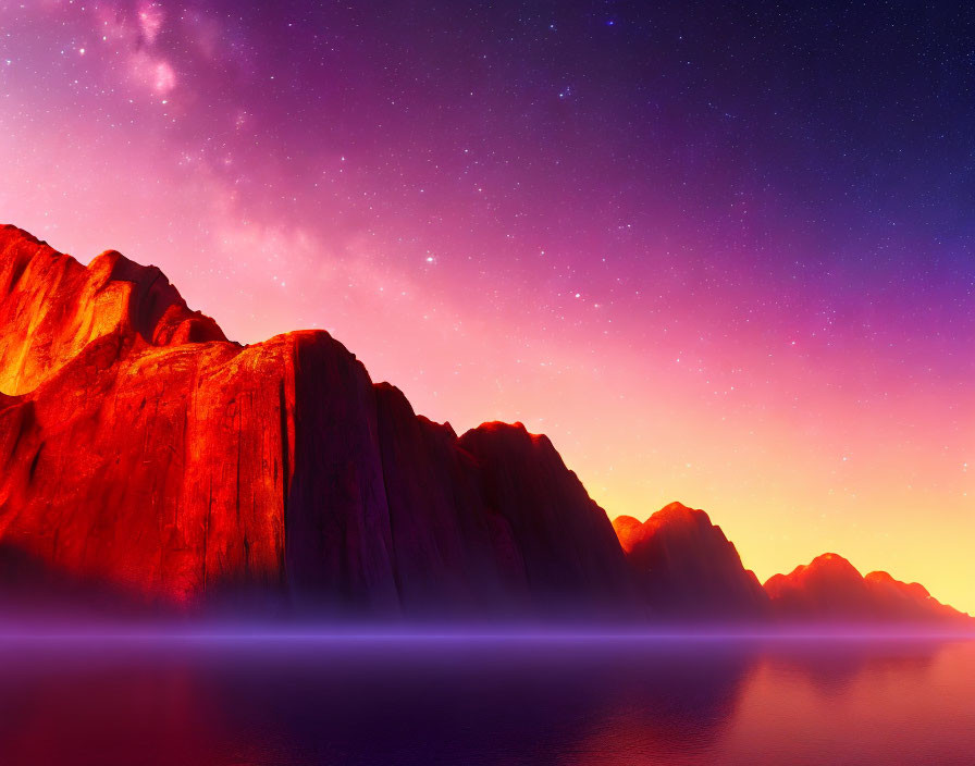 Scenic Landscape: Starry Sky, Red Mountains, Purple Water at Dusk