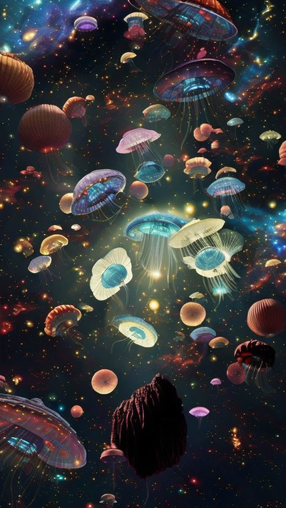 Colorful jellyfish in surreal space background