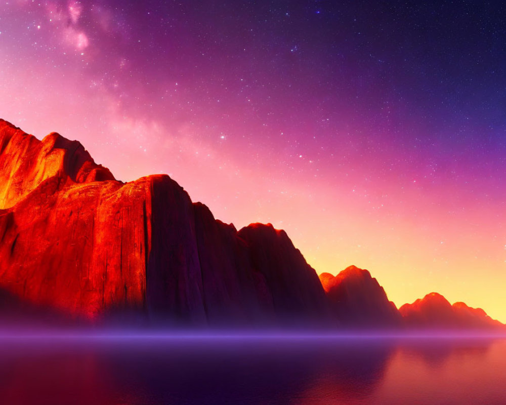 Scenic Landscape: Starry Sky, Red Mountains, Purple Water at Dusk