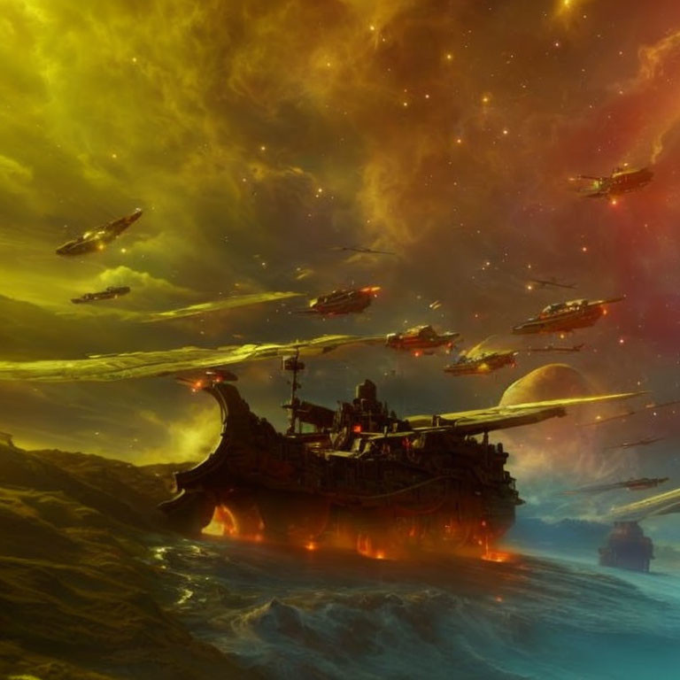 Futuristic ships above alien landscape with colorful nebula