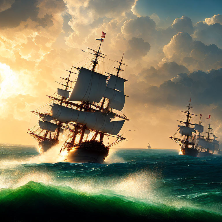 Tall ships with billowing sails on tumultuous ocean under dramatic sky