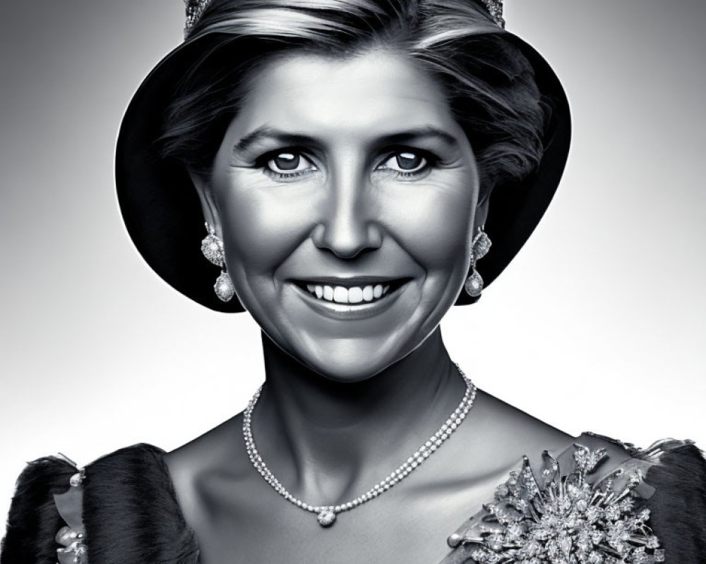 Monochrome portrait of smiling woman with crown and jewelry