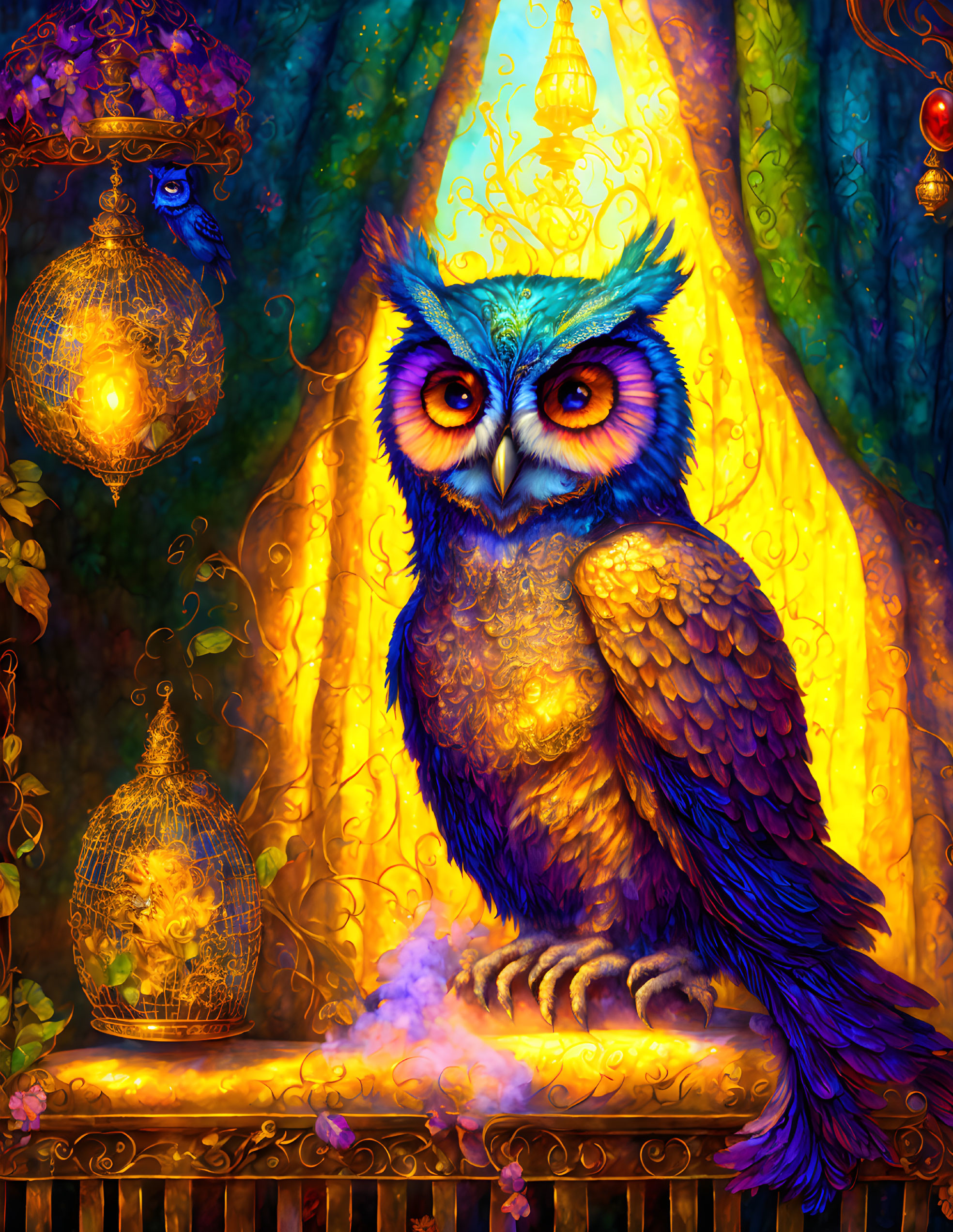 Colorful mystical owl illustration on balcony with glowing lanterns