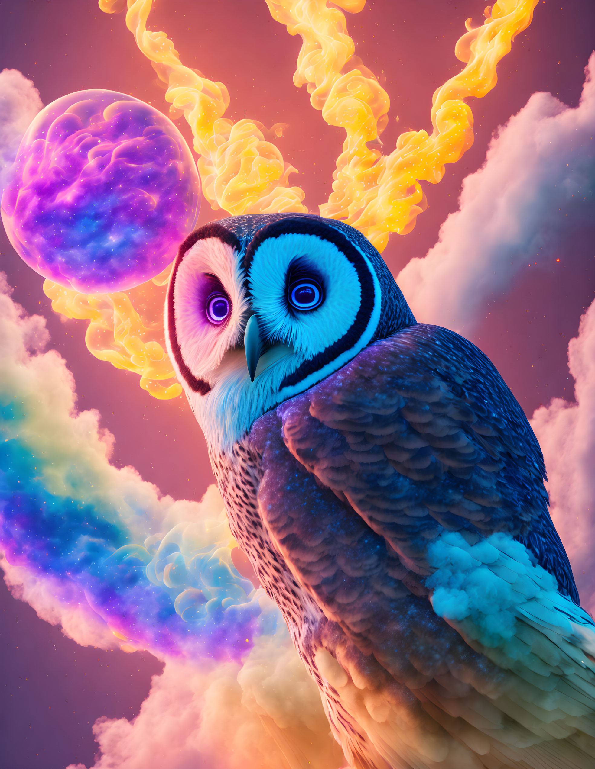 Colorful surreal owl artwork with fiery clouds and glowing orb