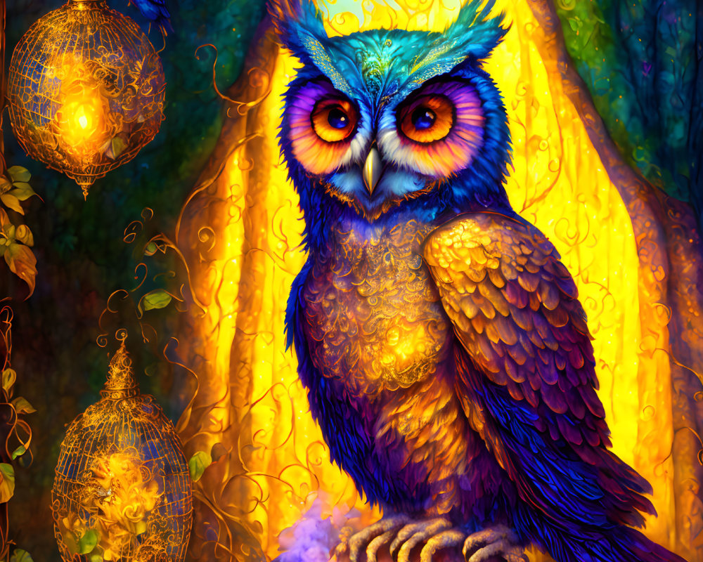 Colorful mystical owl illustration on balcony with glowing lanterns