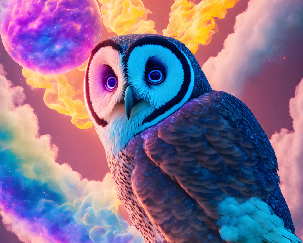 Colorful surreal owl artwork with fiery clouds and glowing orb