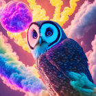 Colorful surreal owl artwork with fiery clouds and glowing orb