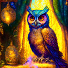 Colorful mystical owl illustration on balcony with glowing lanterns