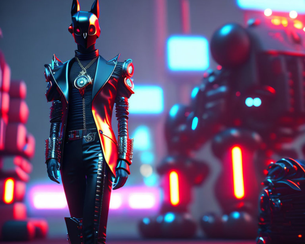 Futuristic character in black and red suit with horns in neon-lit setting