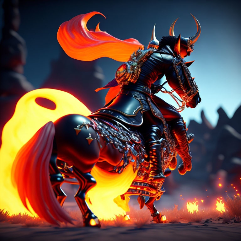 Fantasy armored knight on black horse with fiery manes in twilight scene