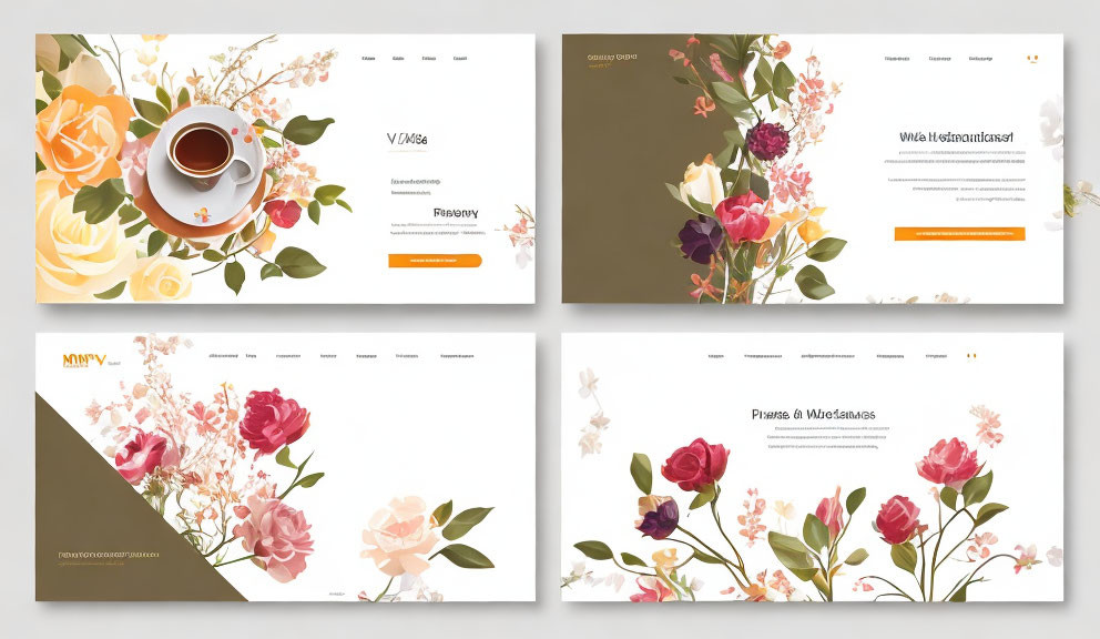 Floral-themed website templates with coffee cup and colorful flowers