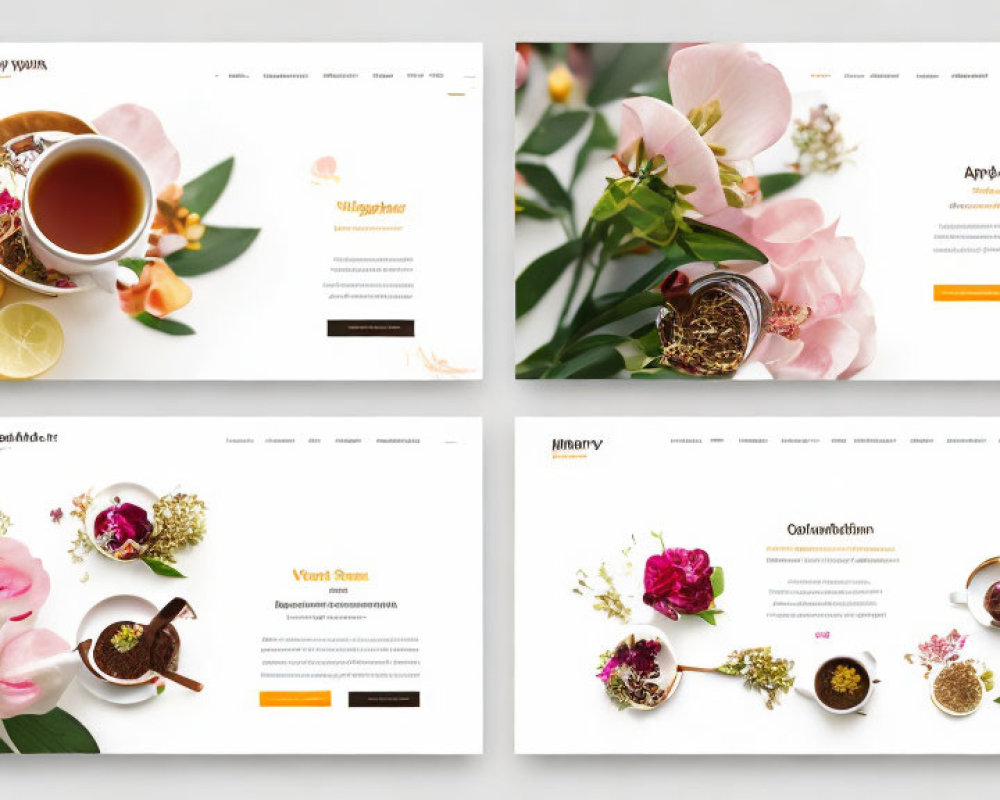 Four Floral and Tea Website Layouts with Soft Colors and Text Branding Space