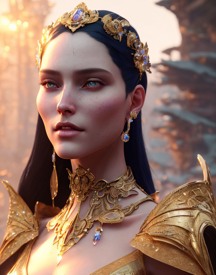 Regal woman with blue hair and golden crown in warm setting