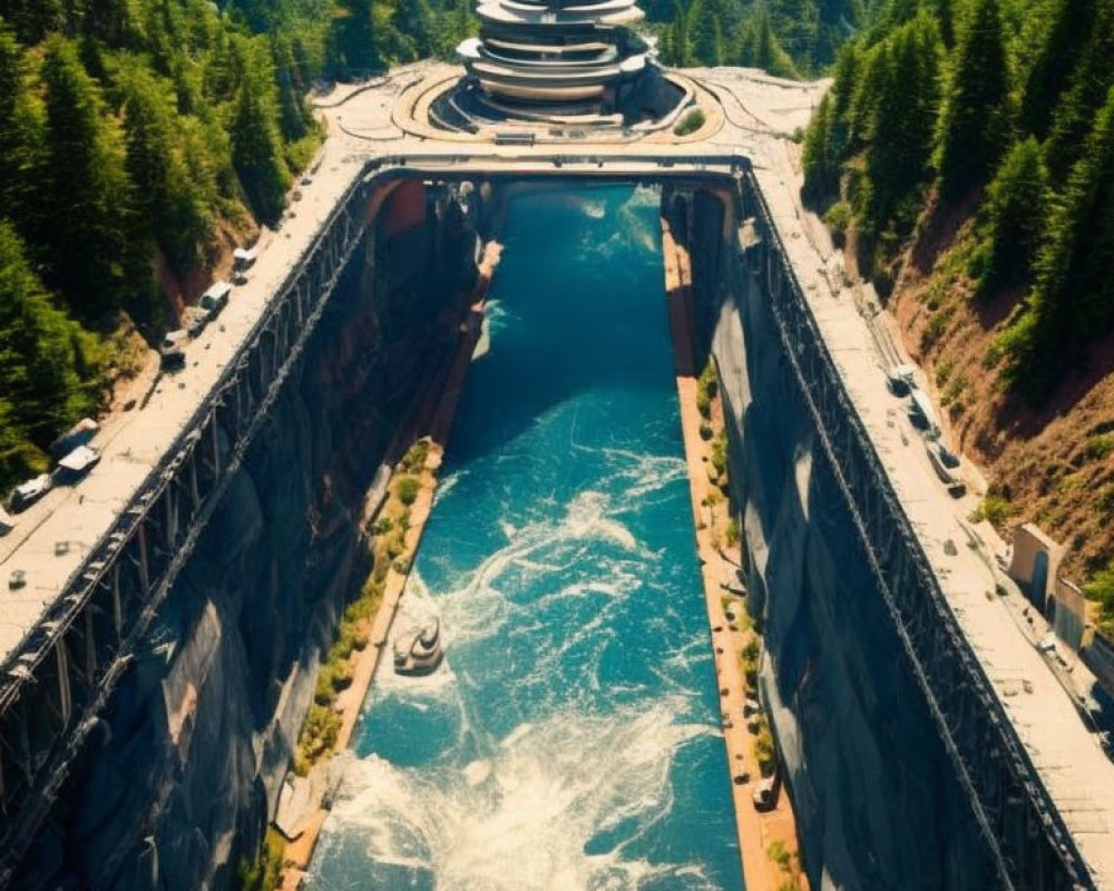 Modern Boat Lift and Waterways in Forested Canal