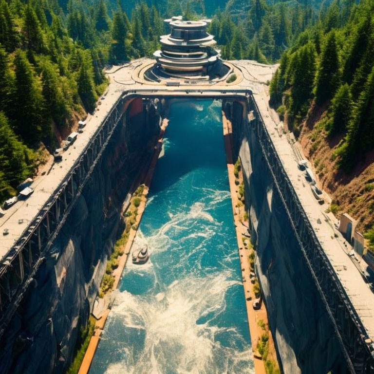 Modern Boat Lift and Waterways in Forested Canal