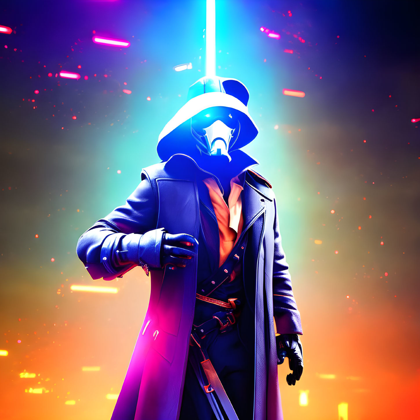 Stylized character with trench coat and blue lightsaber in dynamic lighting