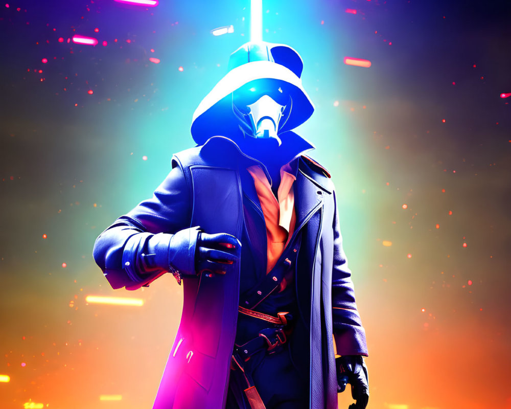 Stylized character with trench coat and blue lightsaber in dynamic lighting