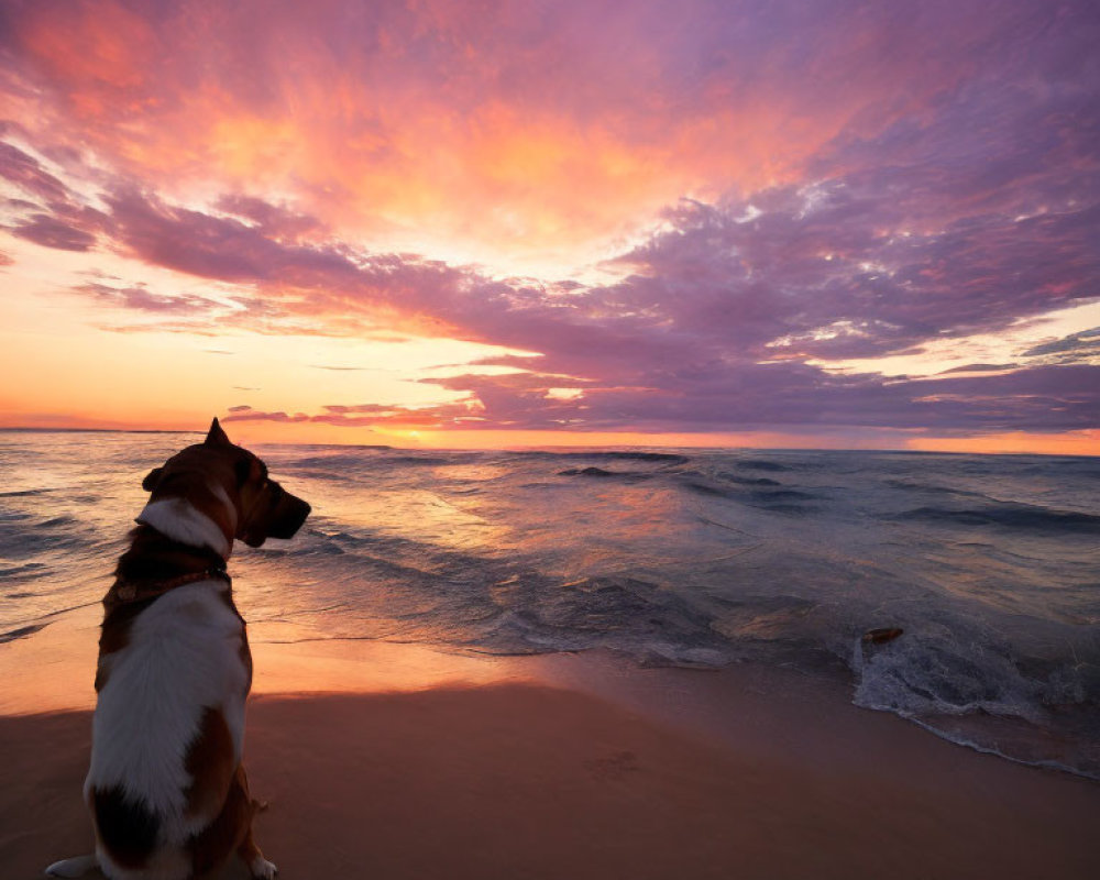 Dog on Beach Watching Vibrant Sunset