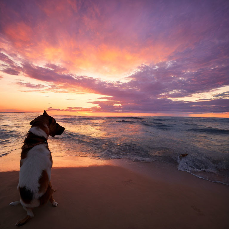 Dog on Beach Watching Vibrant Sunset