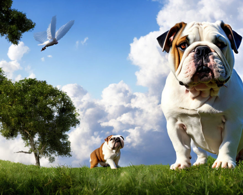 Two bulldogs on grass under blue sky with bird and tree - nature scene