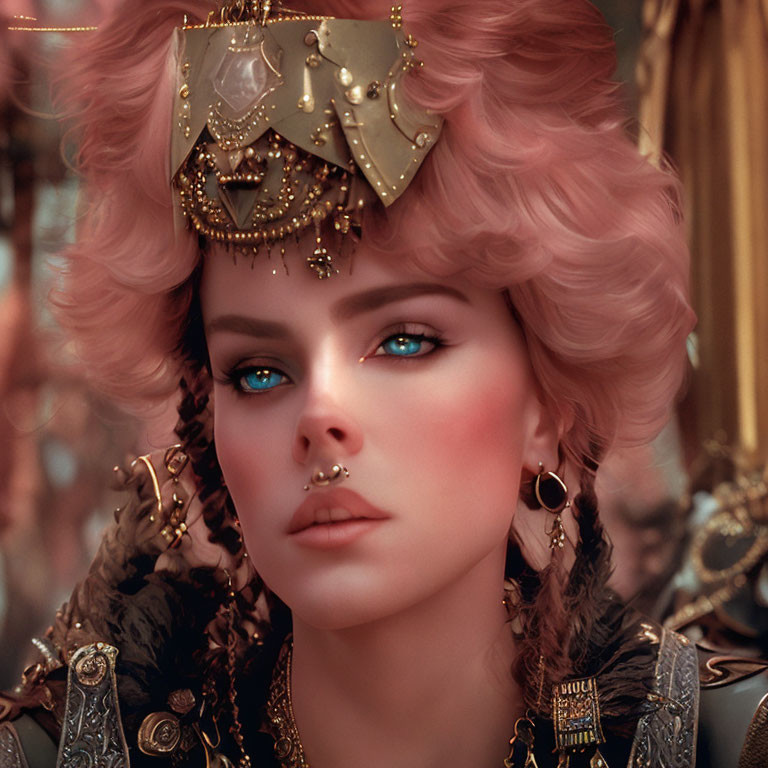 Portrait of a Woman with Blue Eyes, Pink Hair, and Golden Headgear