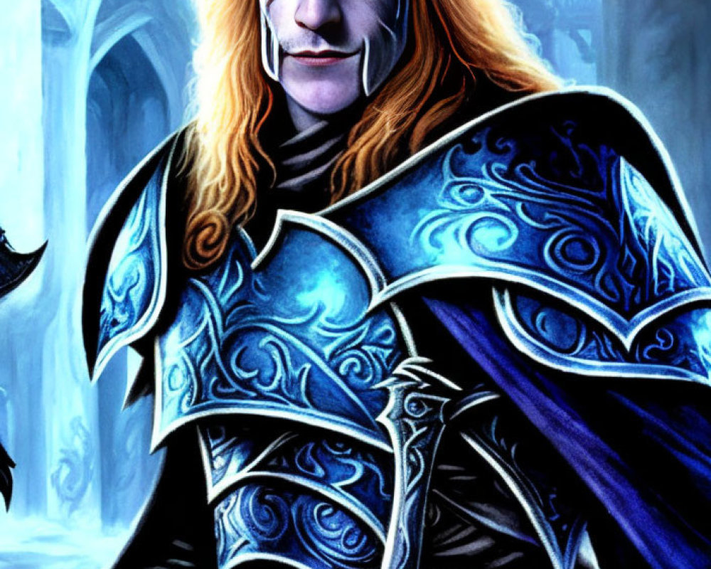 Fantasy character with pale skin, white hair, blue armor, and Celtic knot staff.