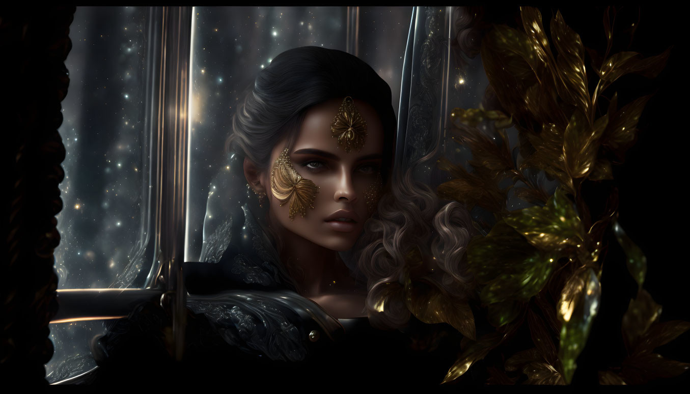 Digital artwork featuring woman with ornate golden facial jewelry gazing out window with starry sky and golden