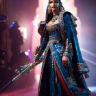 Regal figure in blue armor with blaster in pink fantasy scene