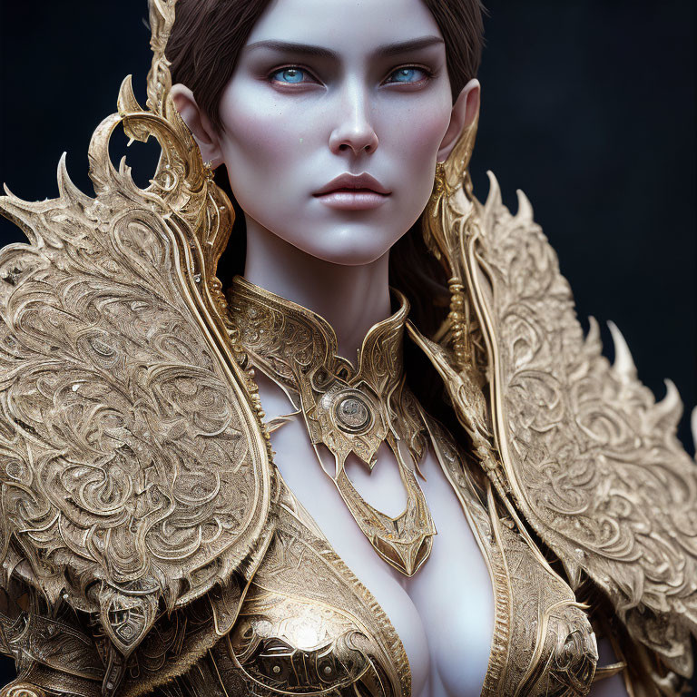 Digital art portrait of woman in ornate gold armor with intricate designs, pale skin, and striking blue
