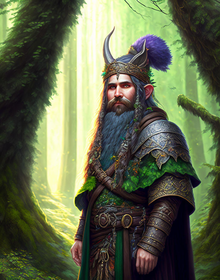 Majestic bearded warrior in medieval armor in enchanted forest