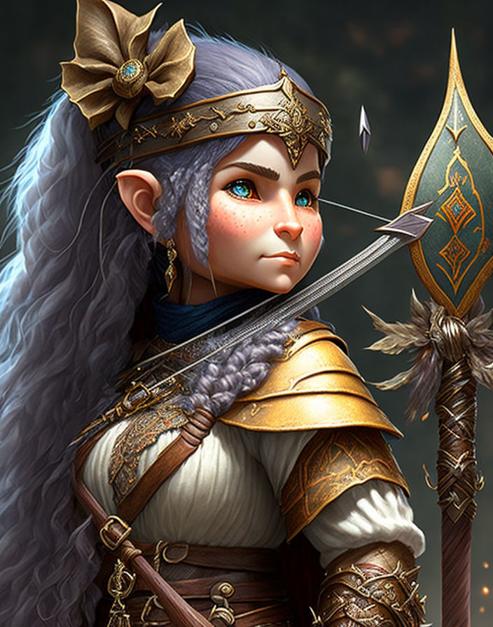 Fantasy digital art of female elf with blue eyes, silver hair, golden armor & spear