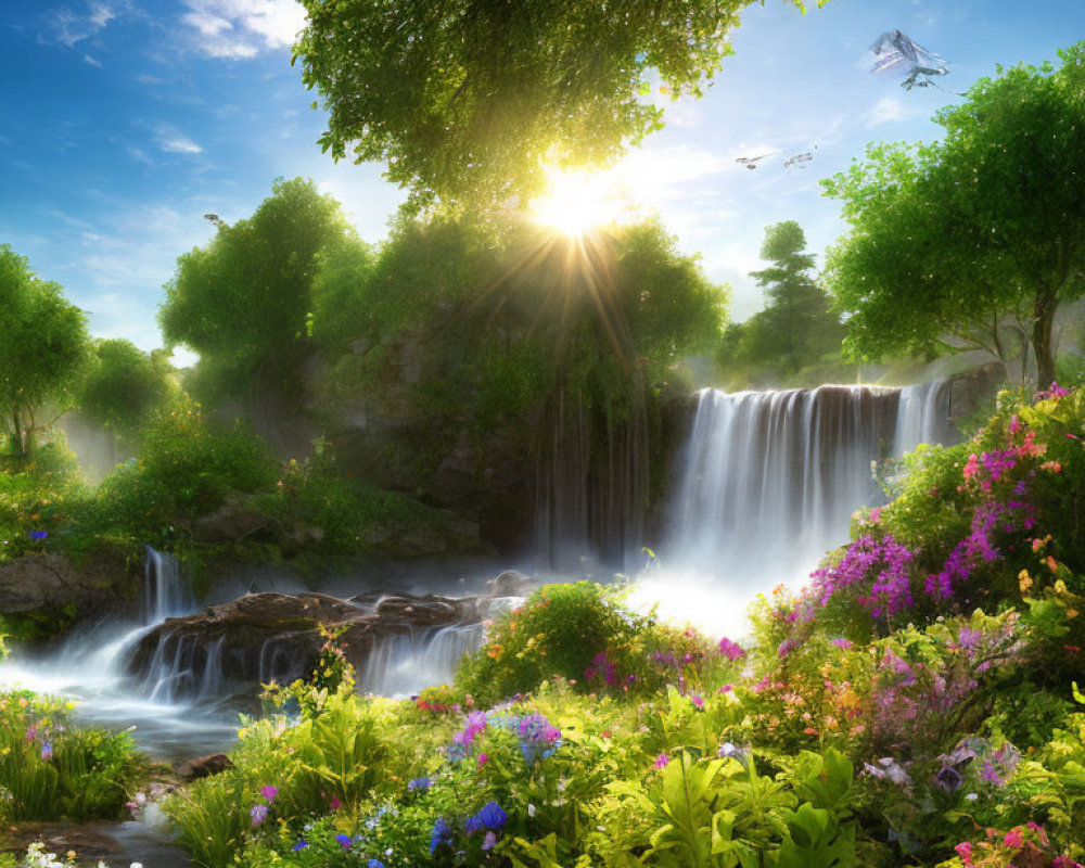 Scenic waterfall with sunlight, lush trees, flowers, and birds