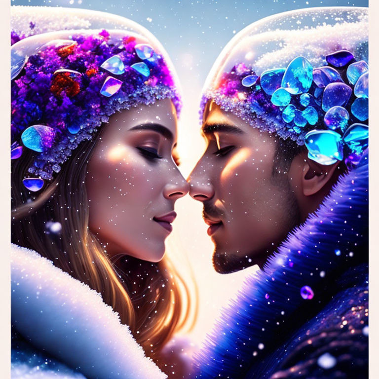 Man and woman in jewel-encrusted headgear against snowflake backdrop