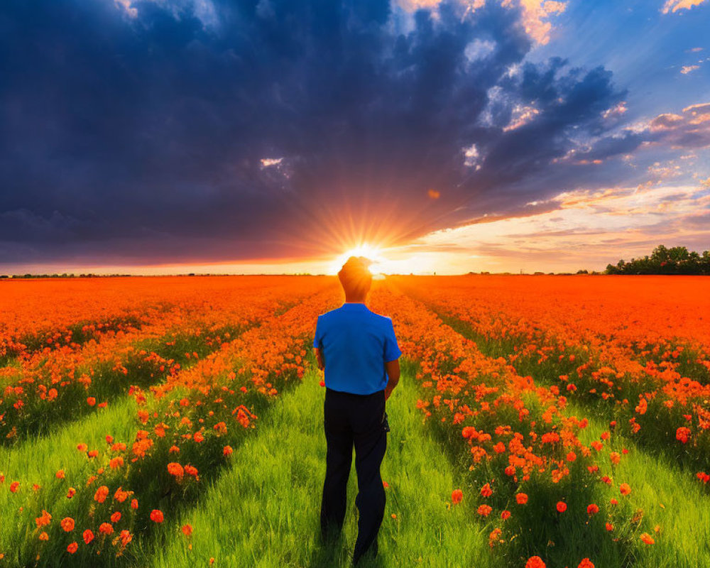 Man in Vibrant Field of Orange Flowers at Sunrise