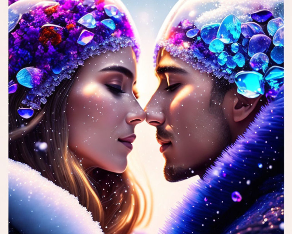 Man and woman in jewel-encrusted headgear against snowflake backdrop