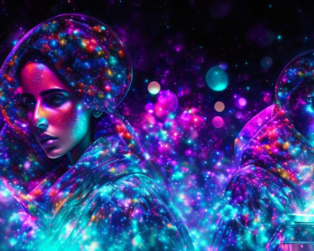 Ethereal figures with glowing outlines in cosmic textures against vibrant nebula.