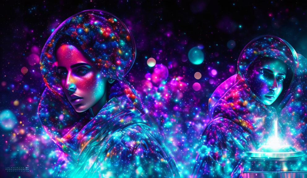 Ethereal figures with glowing outlines in cosmic textures against vibrant nebula.