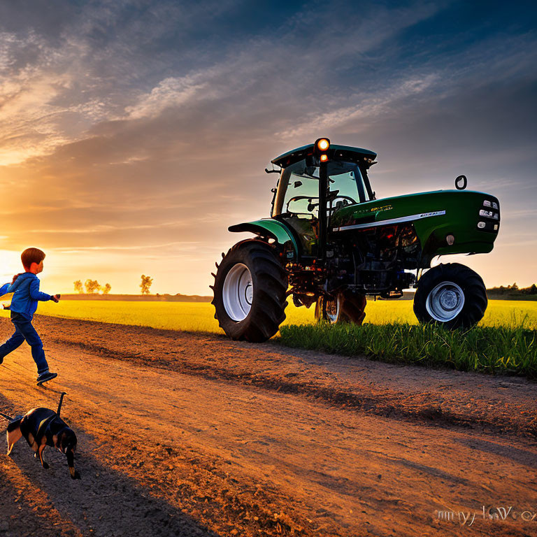 Boy and dog running towards tractor on rural road at sunset