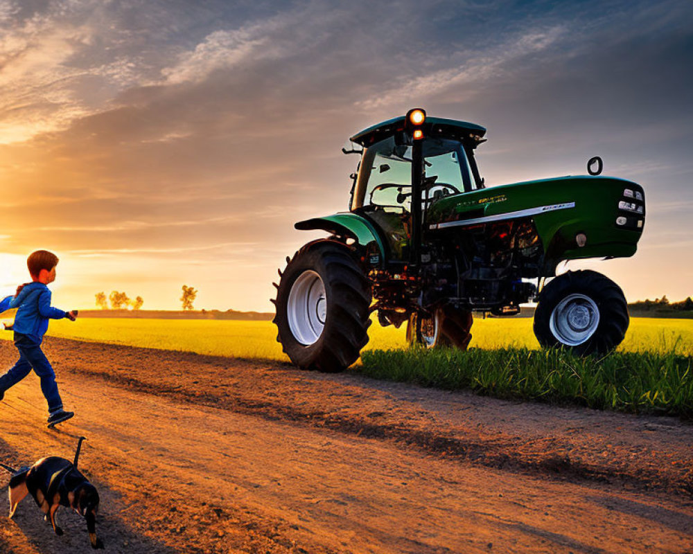 Boy and dog running towards tractor on rural road at sunset