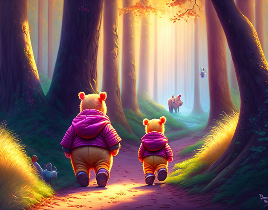 Three Bears in Coats Walking in Forest with Rabbit Watching