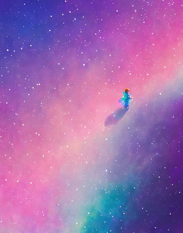 Figure in Vibrant Cosmic Backdrop with Purple, Blue, and Pink Gradient